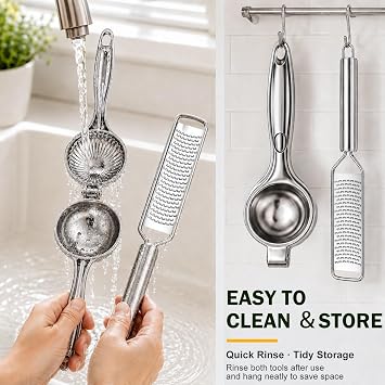 Lemon Squeezer & Zester Set, Large Bowl Stainless Steel Citrus Juicer, Heavy Duty Handheld Lime Press with Seed Filter, Multi-Purpose Citrus Grater for Cocktails, Cooking & Cheese