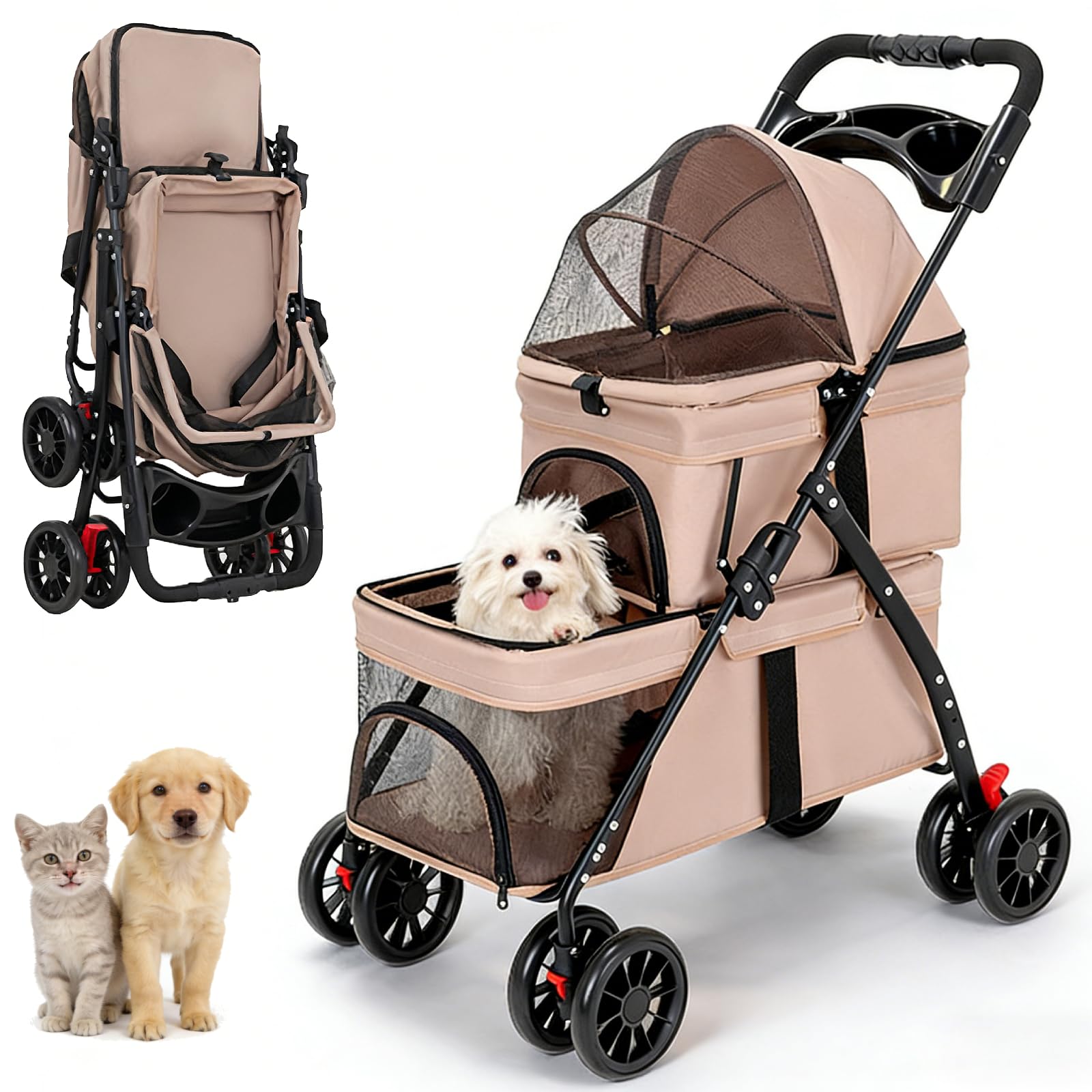 Simanli Double Pet Stroller for Cats Dogs Foldable Travel 2 Carriage Portable Puppy Trolley 4 Wheels for Travel Camping Walk with Storage Bag Cup Holder(Khaki)
