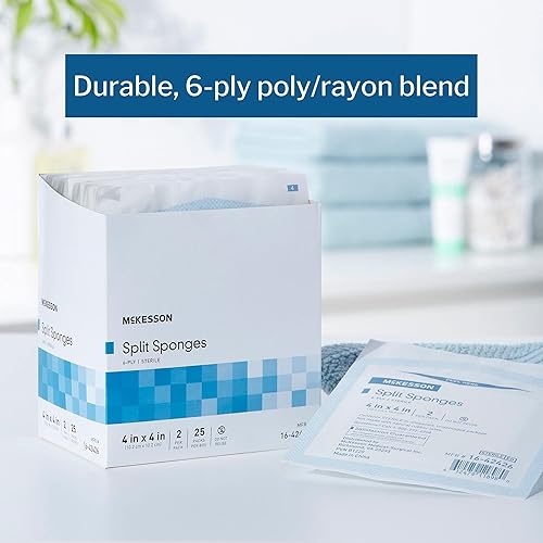 Miniatura 2 de McKesson Esponjas divididas, 6 capas estériles, vendajes intravenosos y traqueostomía, mezcla de poliésterrayón, 4 x 4 pulgadas, 2 por paquete, 300