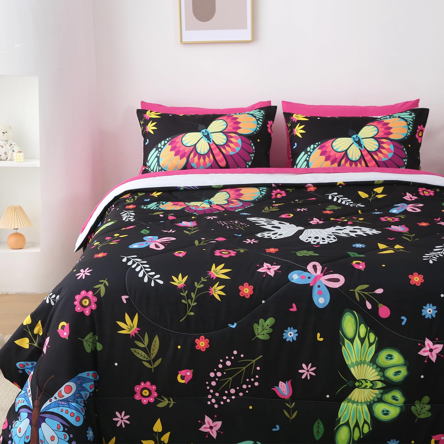 Jameswish Girls Butterfly Comforter Set Queen Size Colorful Flowers Leaves Bedding Set for Kids Teens Adults Black 7 Piece Bed in A Bag Super Soft All Season