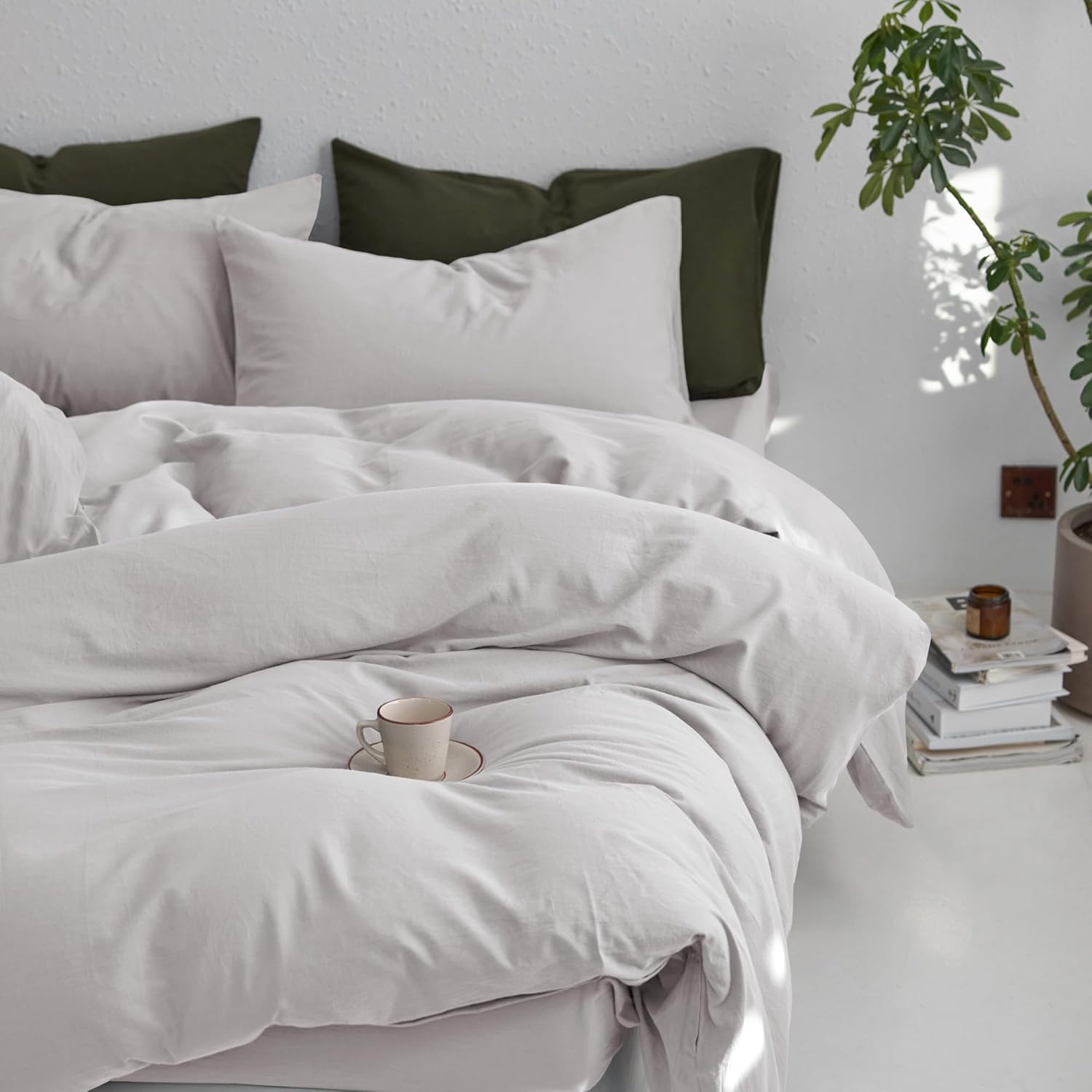 MooMee Queen Duvet Cover Set, 100% Washed Cotton Linen Like Twill Thick Sturdy Material Super Soft Breathable Durable Bedding for All Season, 3 Pieces (Light Gray, Queen 90"x90") - Image 6