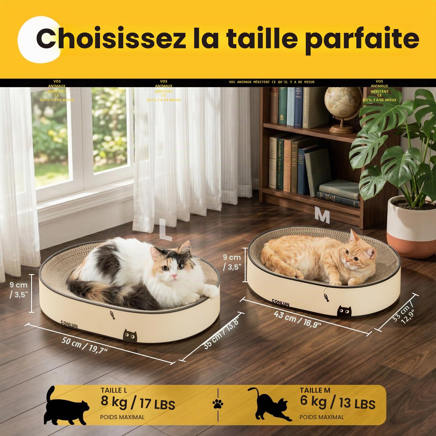 Conlun Griffoir Ovale Chat Lot 2, Lit Carton Anti-Débris | Idéal Multi-chats | Base Fermée pour Limiter les Débris | Protège le Canapé | Carton Dense | Max 6 kg par Petit Chat