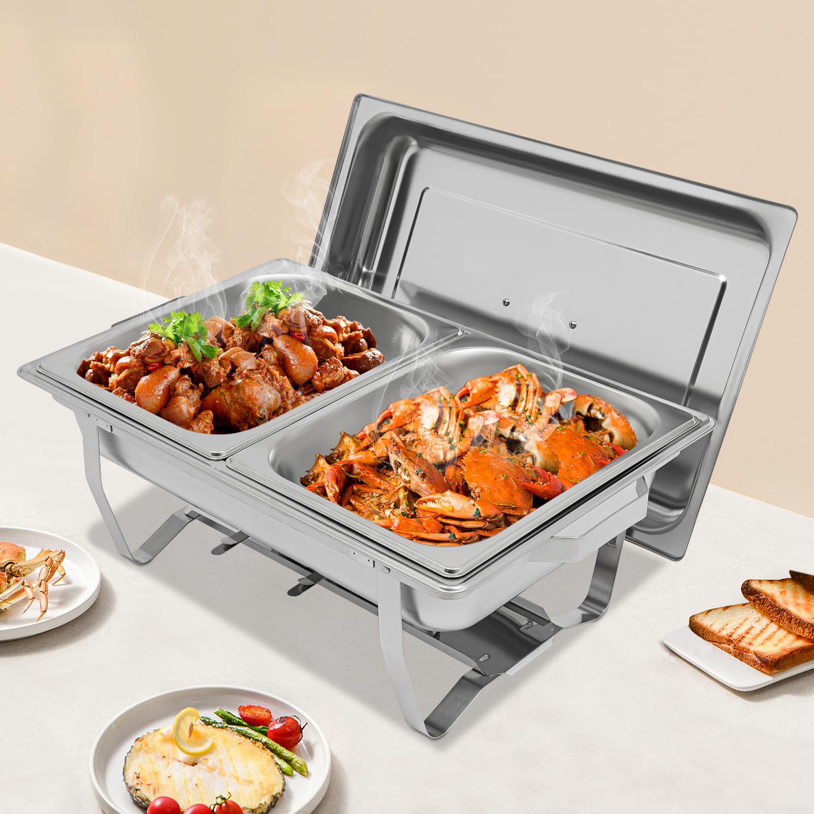 Chafing Dish Set scalda buffet, 6 l, in acciaio inox, con 2 contenitori, scalda buffet rettangolari per catering, feste, matrimoni, ristorante, struttura e supporto per combustibile inclusi