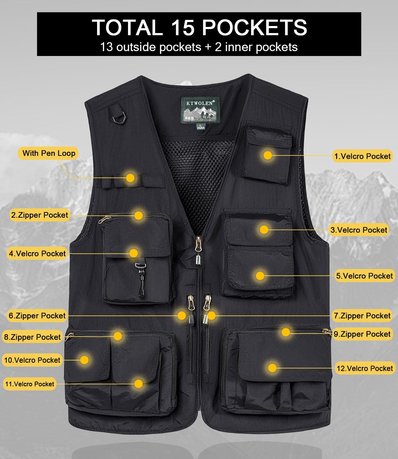 Homme Gilet de Pêche Multi-Poches Gilets Léger Respirant à Séchage Rapide Gilet de Photographe Camping Chasse Gilet Extérieur sans Manche avec 15 Poches
