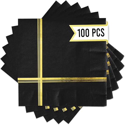Fancy - Servilletas de cóctel doradas, 50 unidades, servilletas de papel de aluminio dorado de 5 x 5 pulgadas, 3 capas, servilletas negras y doradas