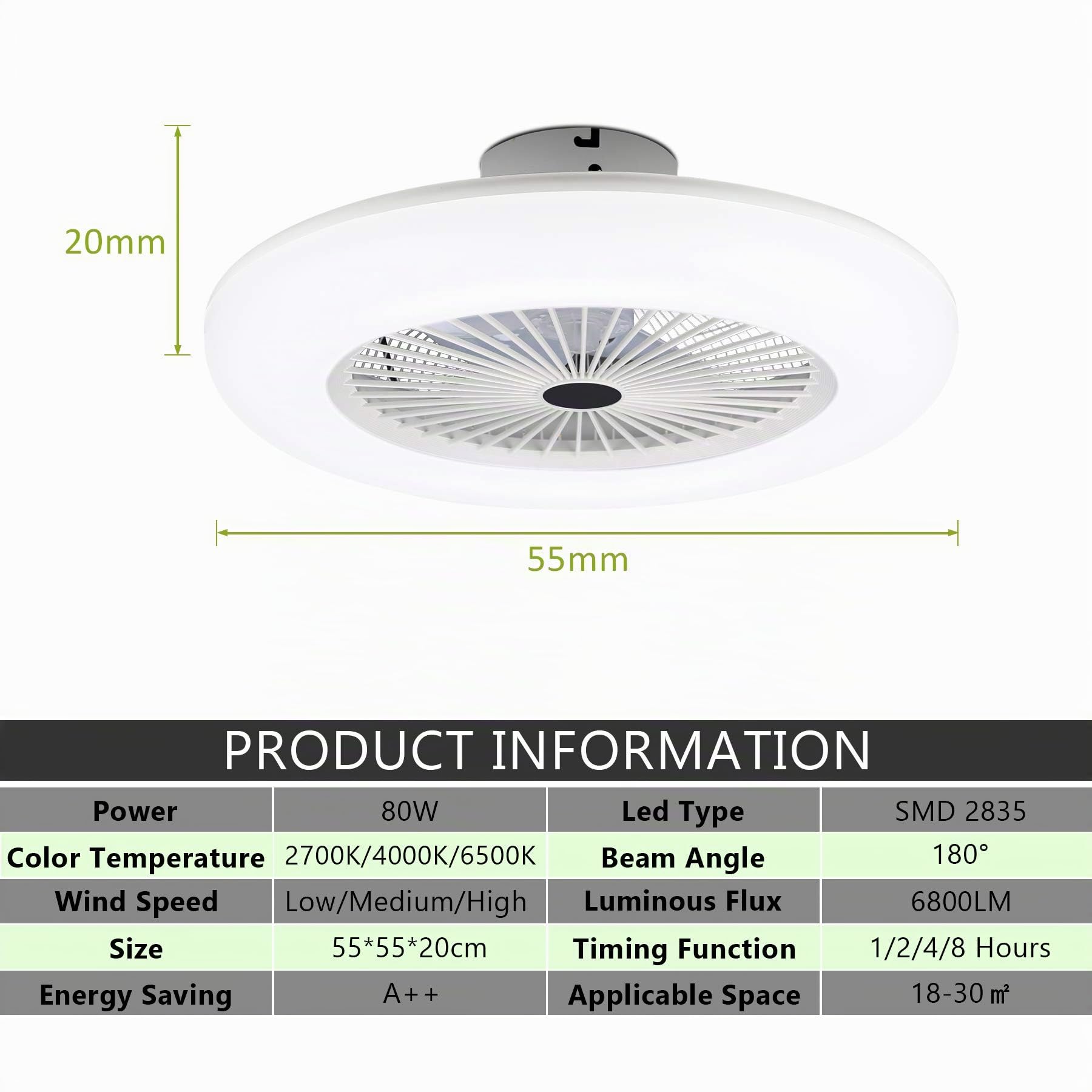 Lospitch Ventilador De Techo Con LED, 80W Regulable LED Ventiladores para el Techo con Lámpara, 3 Velocidades Ajustable, Con Mando a distancia para Dormitorio Sala Comedor (φ55CM)