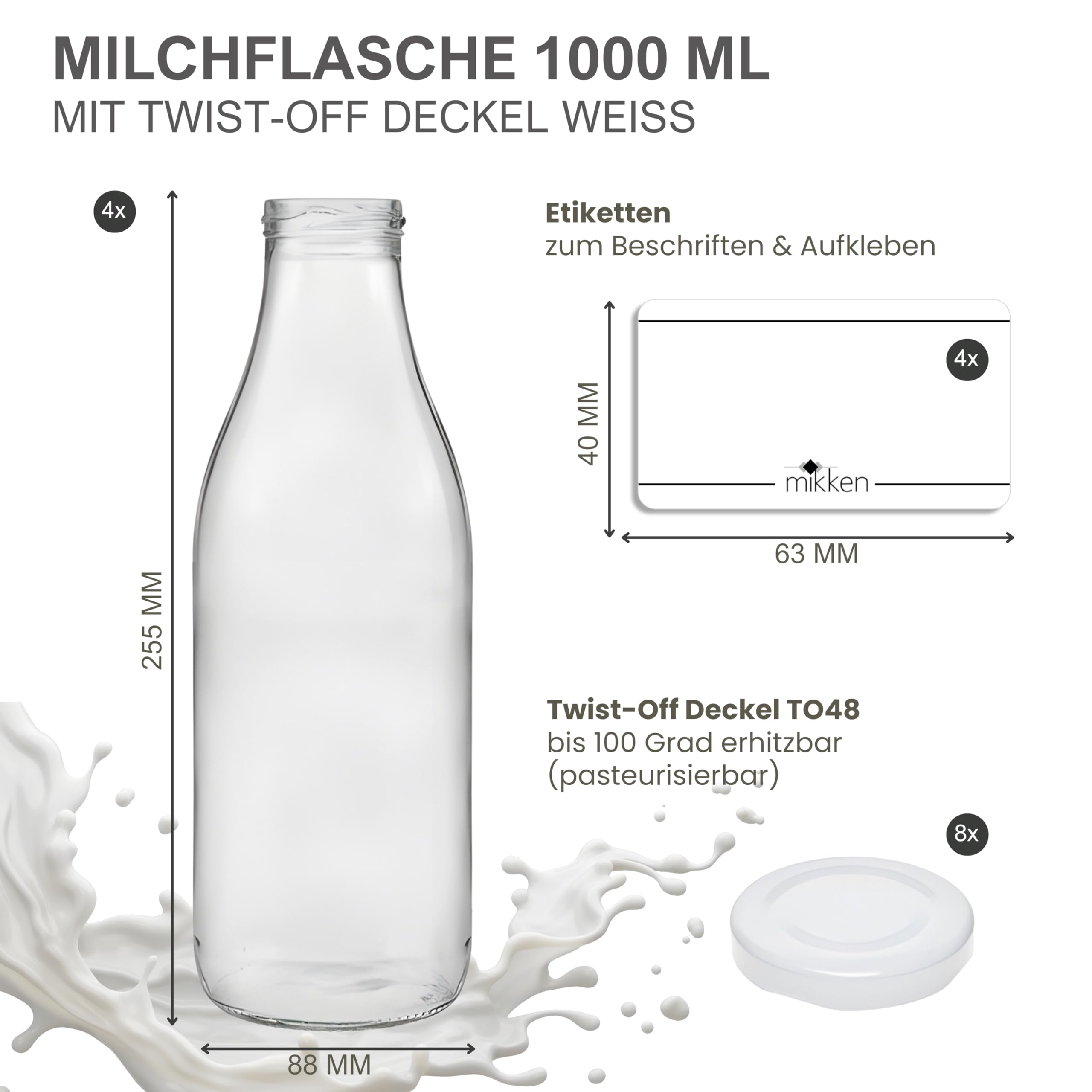 4 bottiglie di vetro da 1000 ml, con 8 coperchi, colore bianco, con etichette incluse