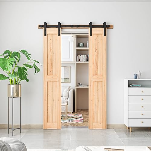 Miniatura 6 de SMARTSTANDARD Kit de herrajes para puerta corrediza de granero de doble puerta resistente de 14 pies, suave y silencioso, fácil de instalar, incluye