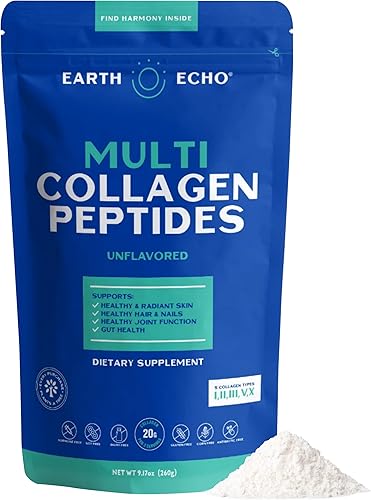 Earth Echo Polvo de péptidos de colágeno múltiple, colágeno hidrolizado sin sabor con vitamina C y ácido hialurónico para la piel, las