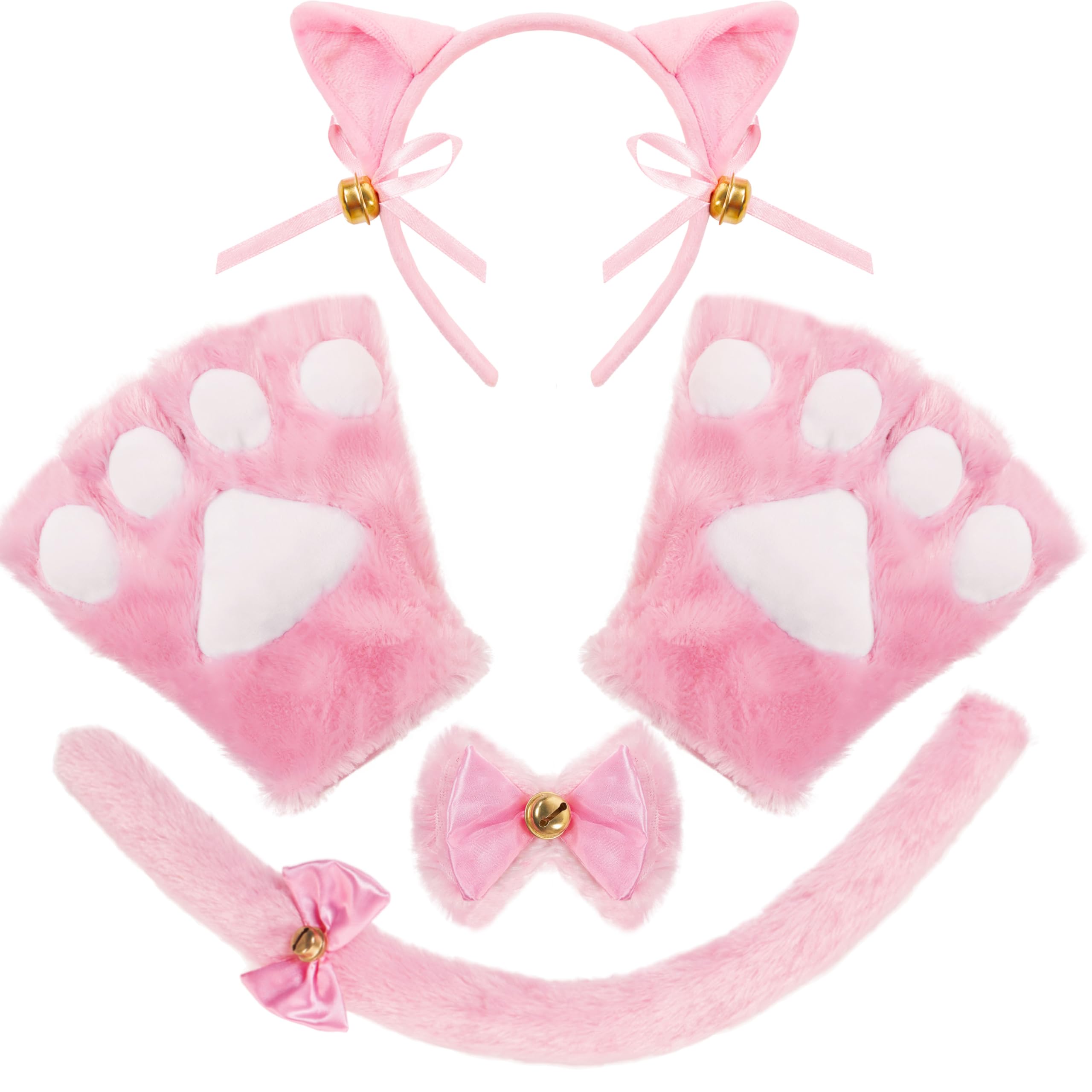 Spooktacular Creations 5 Pcs Kitten Pink Kitty Cat Costume Accessories Set with Cat Ears Headband, Paws Gloves, Bow Tie, Tail for Adult, Kids, Cosplay, Halloween Party Dress Up Accessories Set