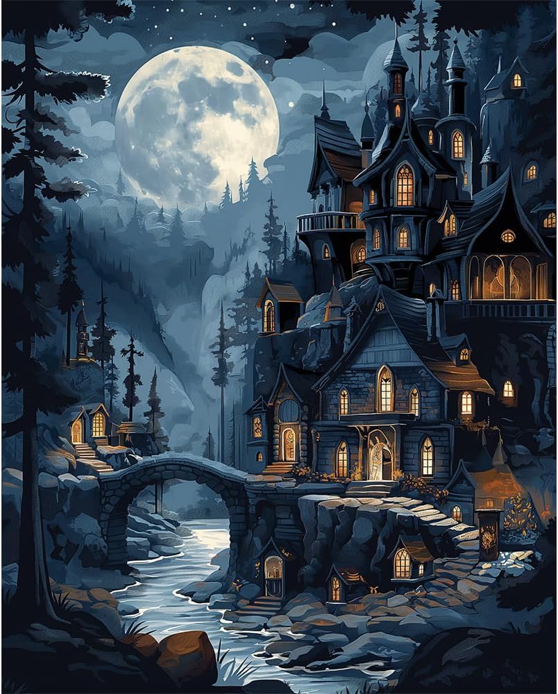 Natuyalo Paint by Numbers Kit for Adults, Paint by Numbers for Beginner Moonlit Castle, Paint by Number for Adults, Night Scene DIY Paint by Number for Gift Home Wall Decor 16x20 Inch