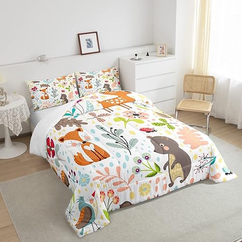 Miniatura 4 de Erosebridal Juego de edredón de zorro para niños, tamaño individual, bonito edredón de plumón de oso bosque, ciervo, para dormitorio de niños y