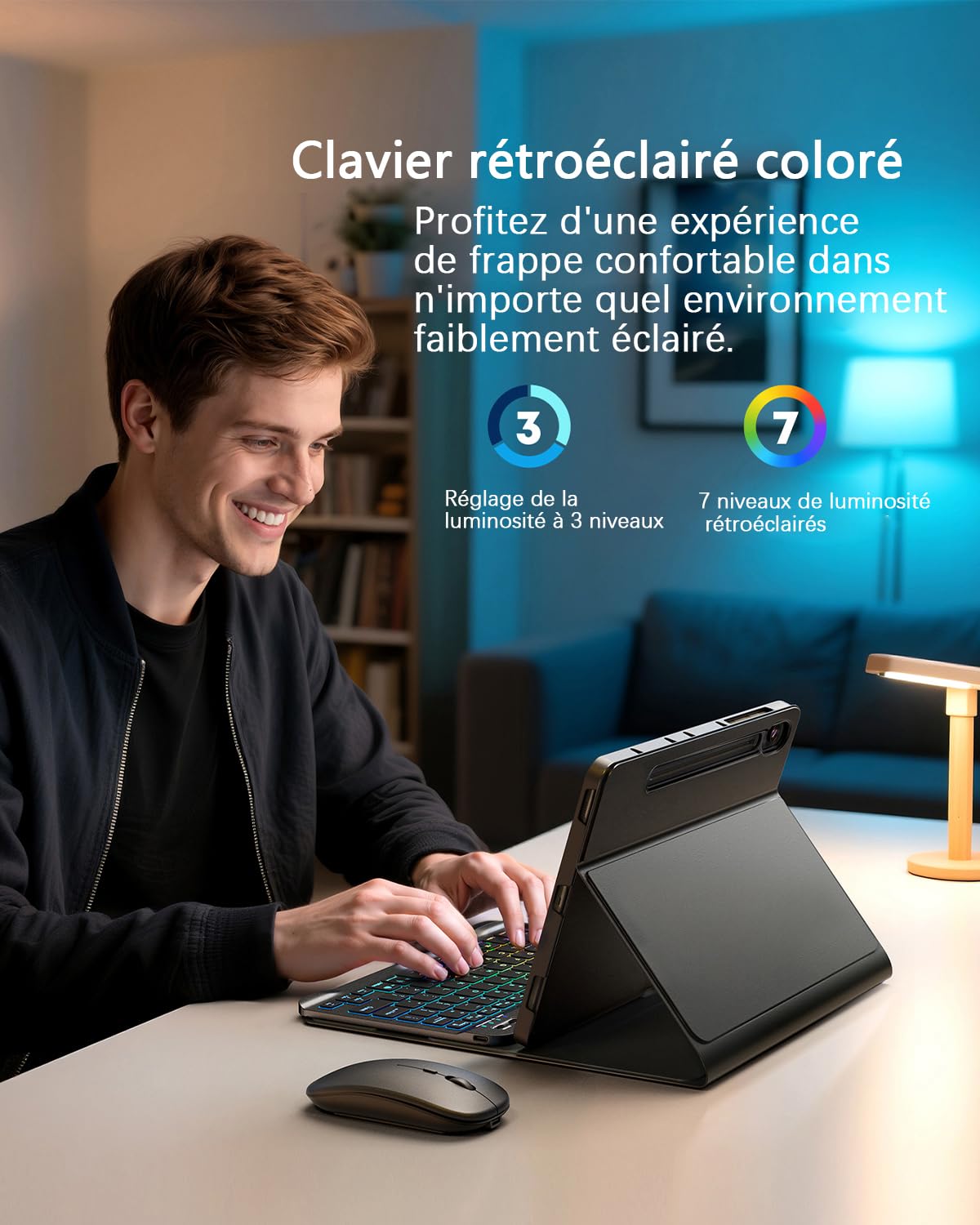 Pour Samsung Galaxy Tab S10 Lite/S10 FE (2025)/S9 FE/S9 (2023)/Tab S8 (2022)/Tab S7 (2020) 10.9-11Pouces Coque Étui Avec Bluetooth Français (AZERTY) Clavier Rétroéclairé Souris Backlight Keyboard Case