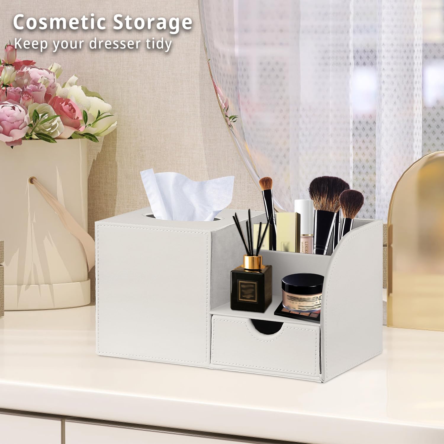 Nightstand Organizer with Tissue Holder,Square Kleenex Tissue Box Cover with Organizer, Decorative Modern Facial Paper Storage Box for Bathroom Living Room Vanity Table Countertop Office