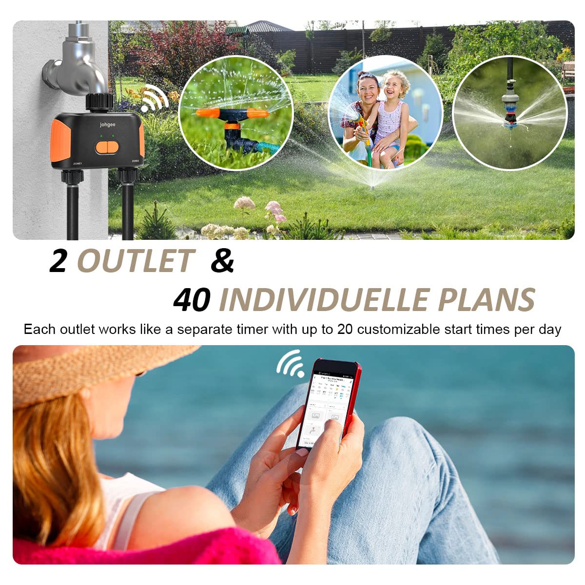 Programador Riego WiFi,Johgee Programador de riego 2 Salidas,Temporizador de Riego para Manguera Bluetooth con Retraso de Lluvia para Grifo de Jardín al Aire Libre, Temporizador de Riego Programable