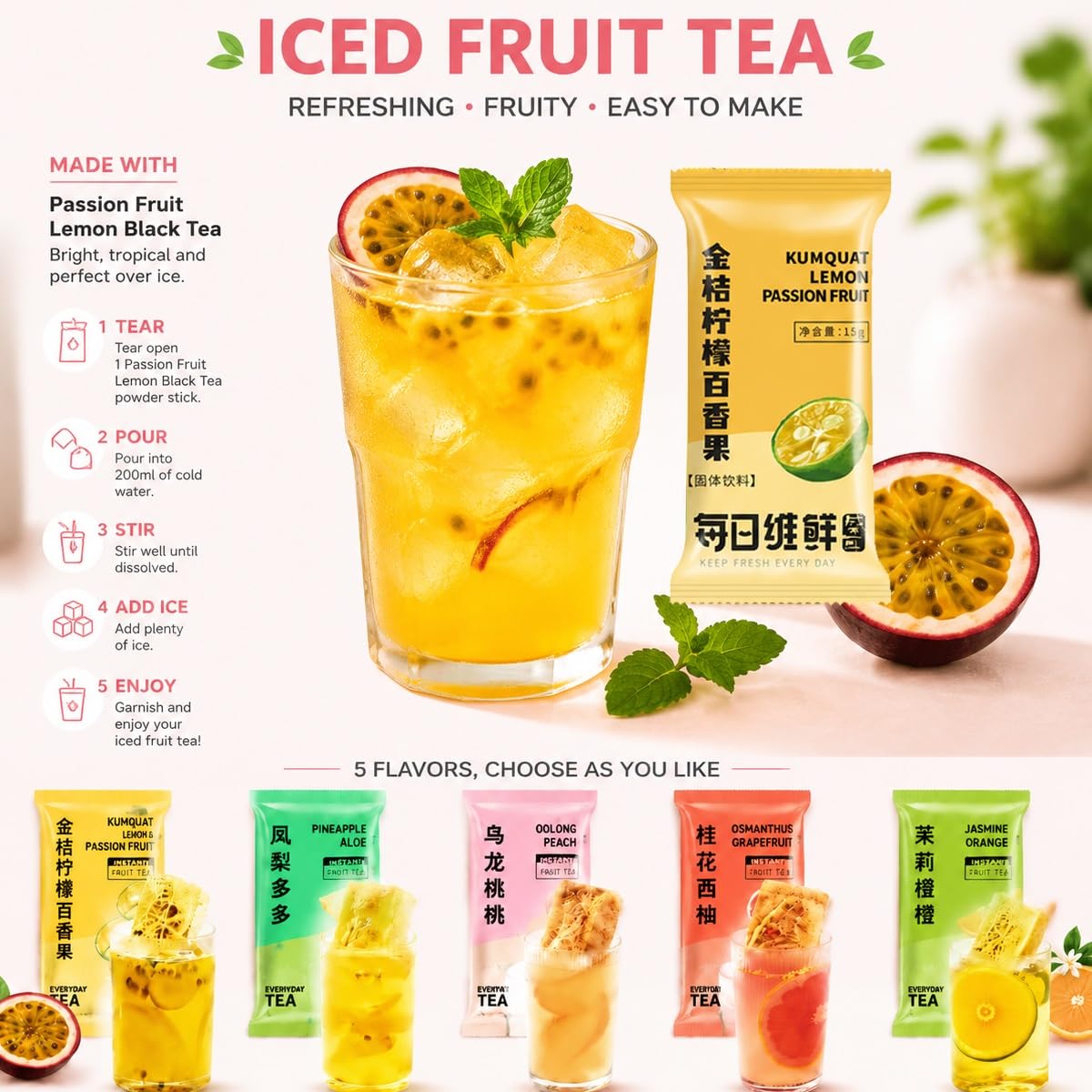 Tè Ai Frutti Liofilizzato Assortito - 5 Gusti Infusione A Freddo Estiva, Bustine Individuali Da 15g Monoporzione（10pcs）