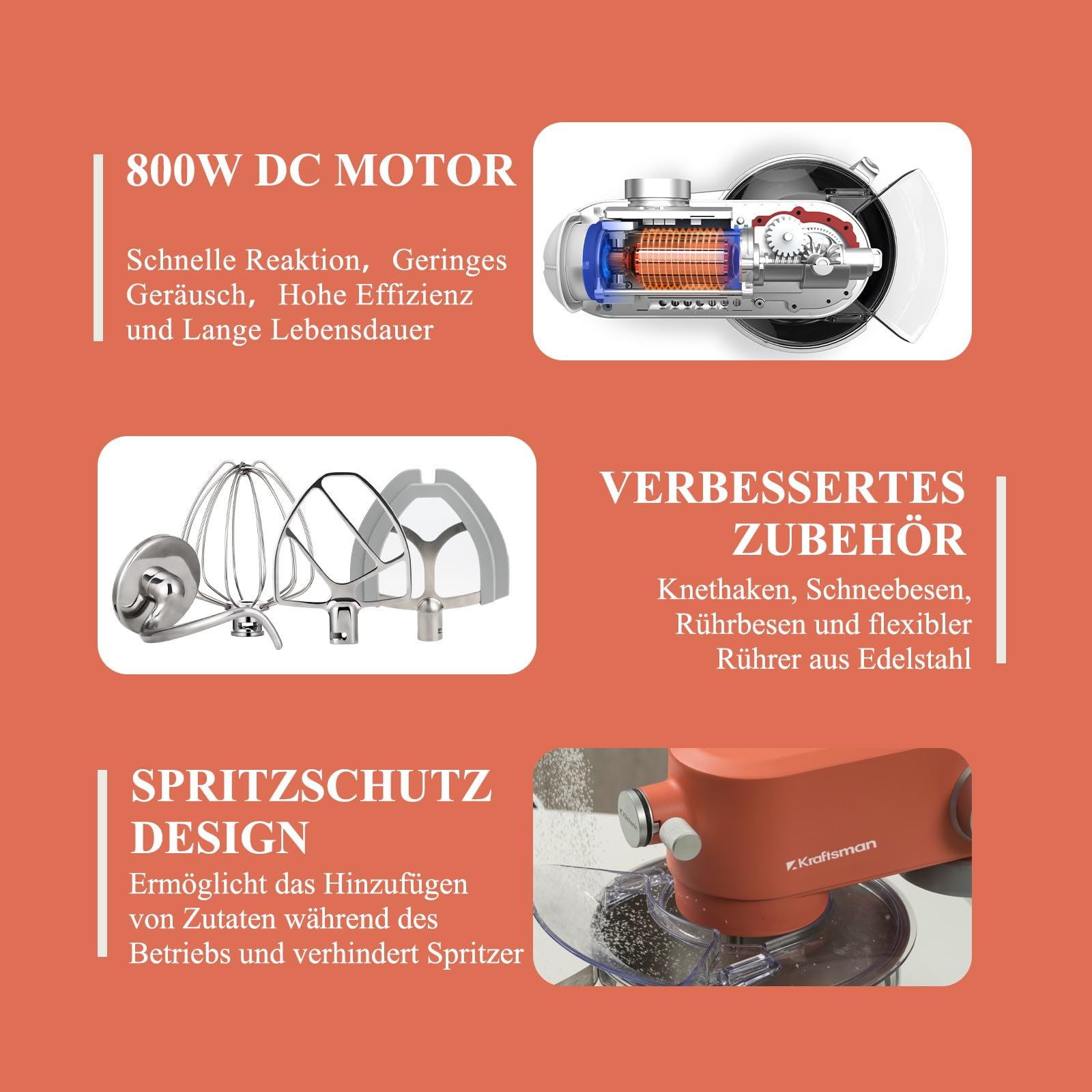 5L Vollmetall-Küchenmaschine,Pizzateig Knetmaschine,Teigmaschine mit leisem Kupfer-DC-Motor, 4 Edelstahl-Aufsätzen ohne Beschichtung und universellem Multifunktionsanschluss