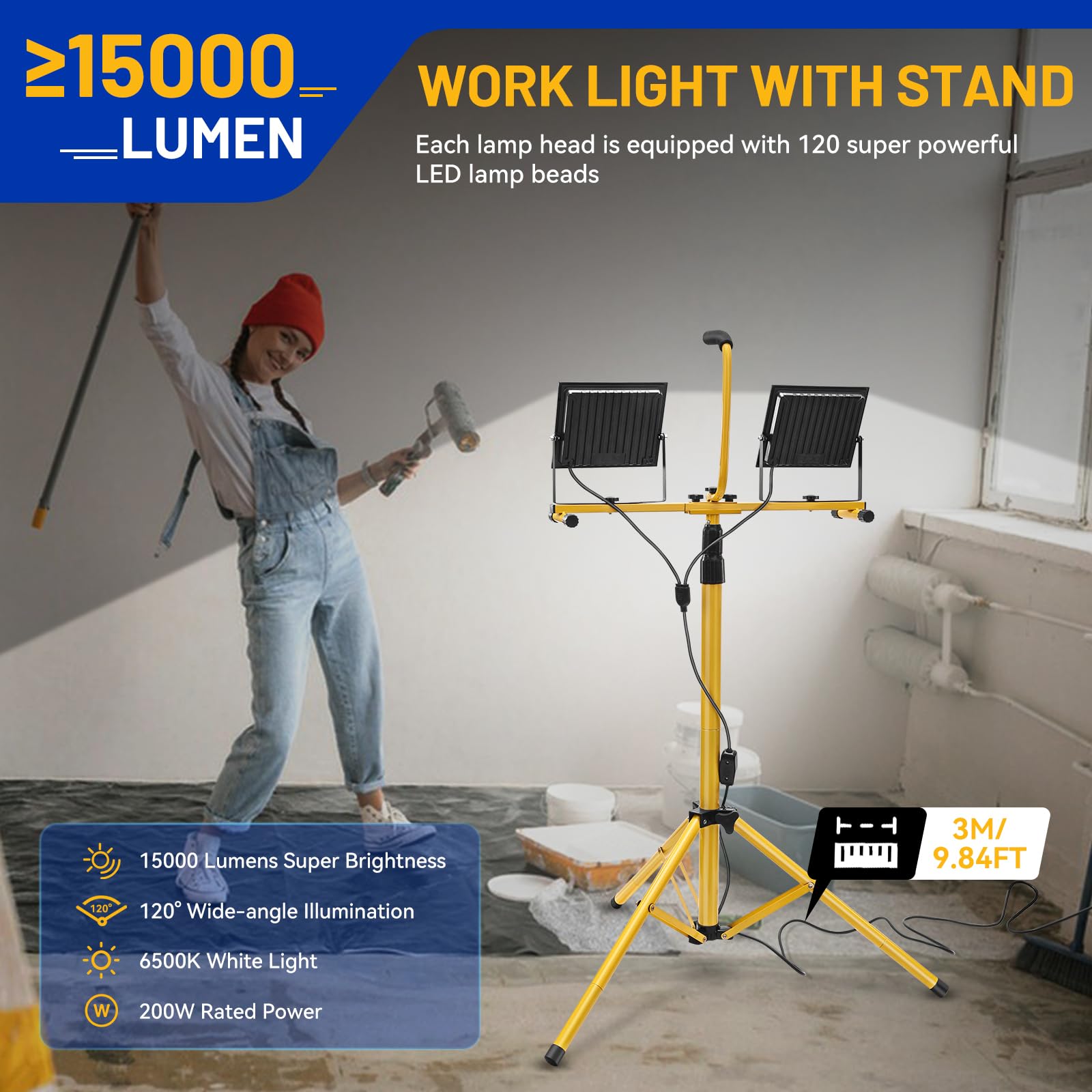 Yofuly 2×100W Projecteur LED sur Trépieds 15,000LM, Lampe de Chantier Travail avec Support Réglable Hauteur 160cm, Lumière de Chantier Étanche IP66, avec Câble 3M, pour Garage, Atelier, Camping