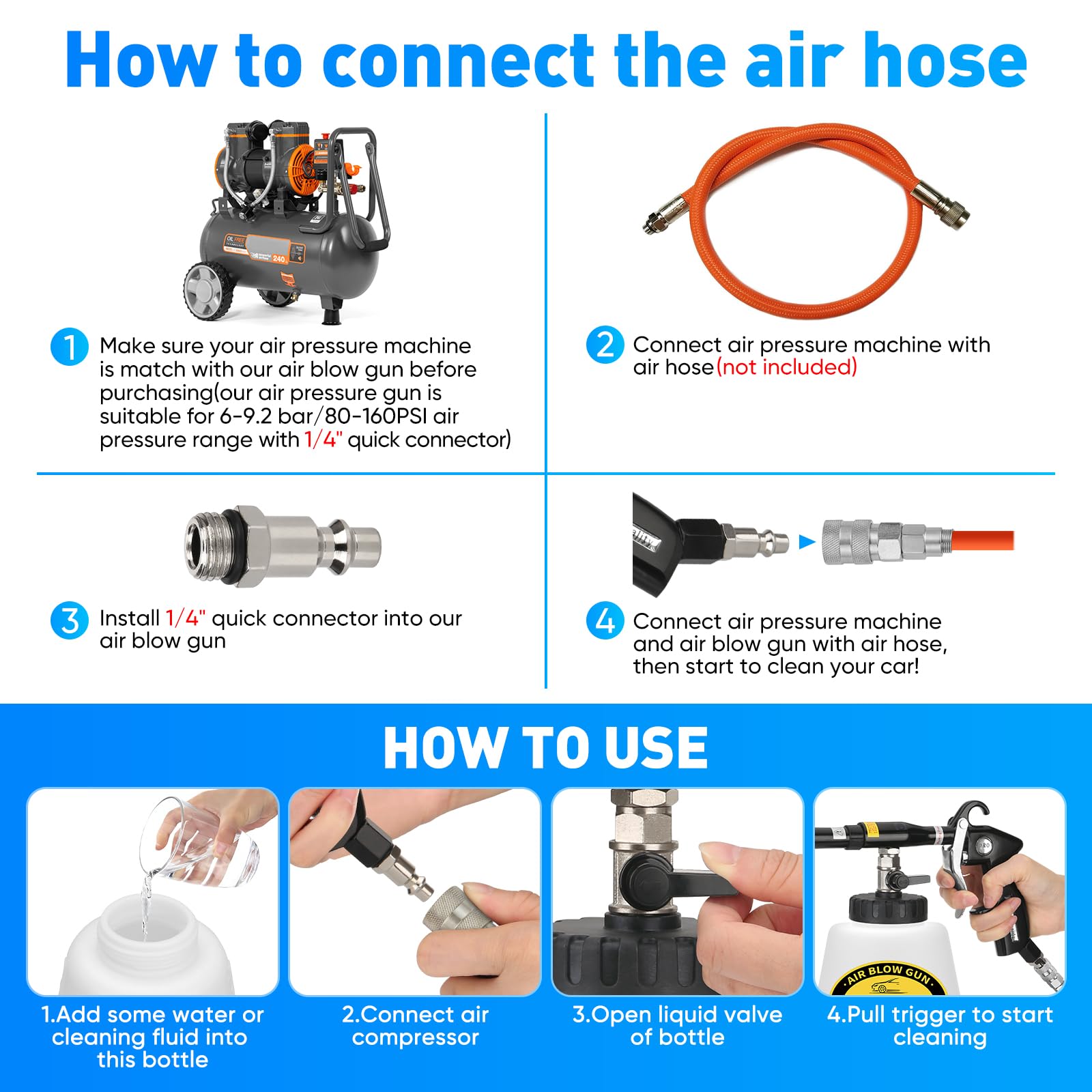 MYPIN Kit de Pistolet de Nettoyage de Voiture, 6-9,2 Bar, Pistolet à air comprimé Haute Pression avec 2 Buses, Nettoyage intérieur de Voiture pour siège de Voiture, Tapisserie, Tapis