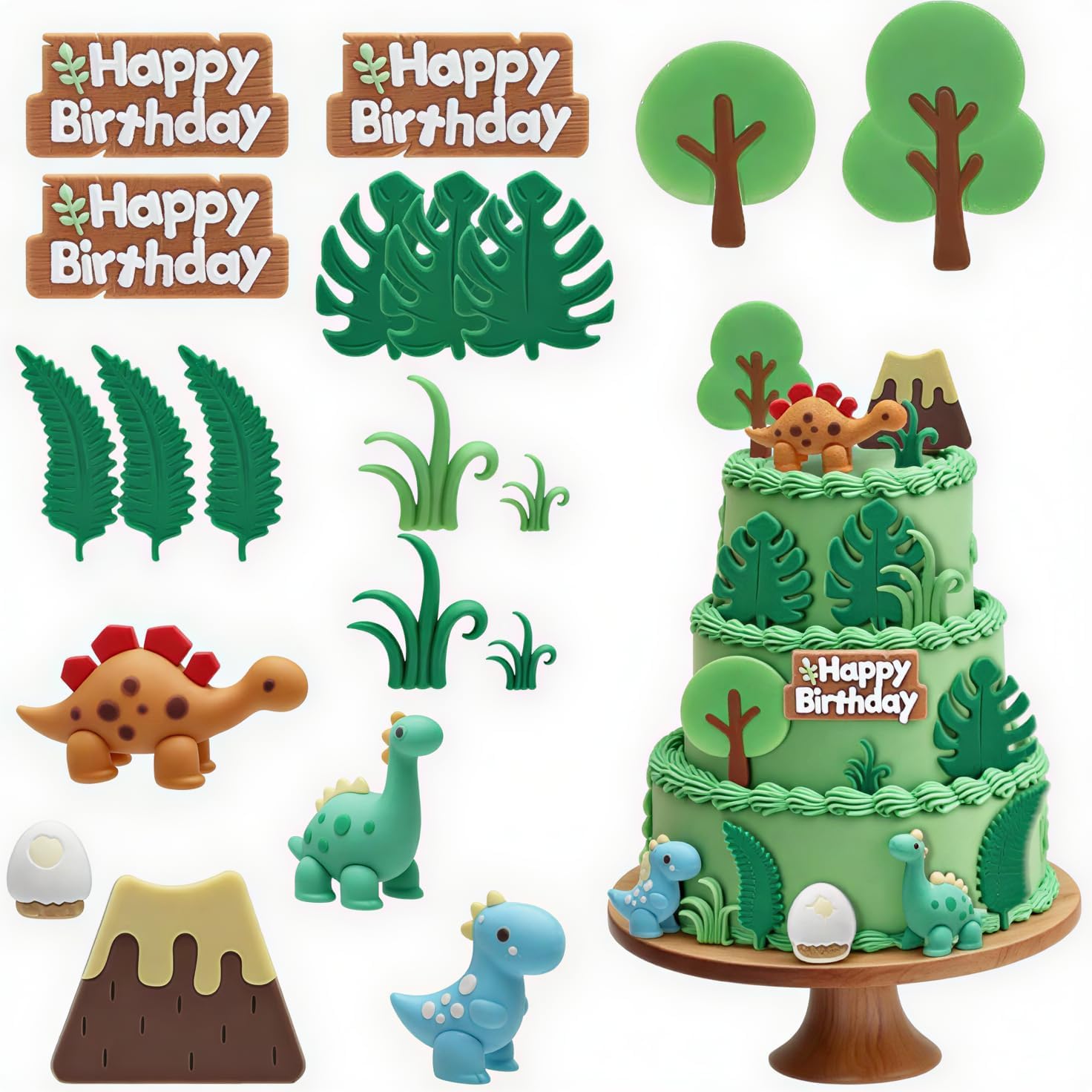 HENGBIRD Dinosaur Cake Decorating Set 18 Pieces 3D Figures Food-Grade Silicone Volcano & Vegetation Reusable BPA Free Photo Effect