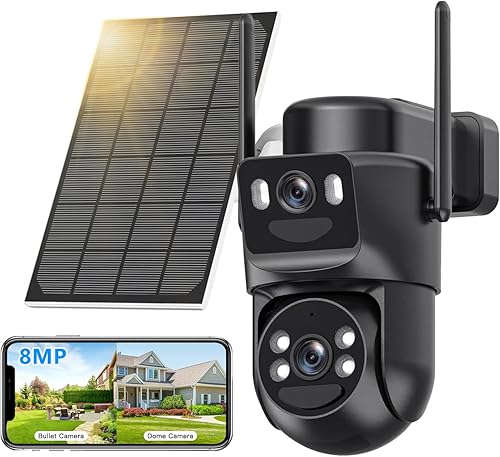 Cámaras de seguridad solar 4K inalámbricas para exteriores, alimentadas por batería, bala de doble lente de 5 GHz y 2.4 GHz y enlace PTZ de 360