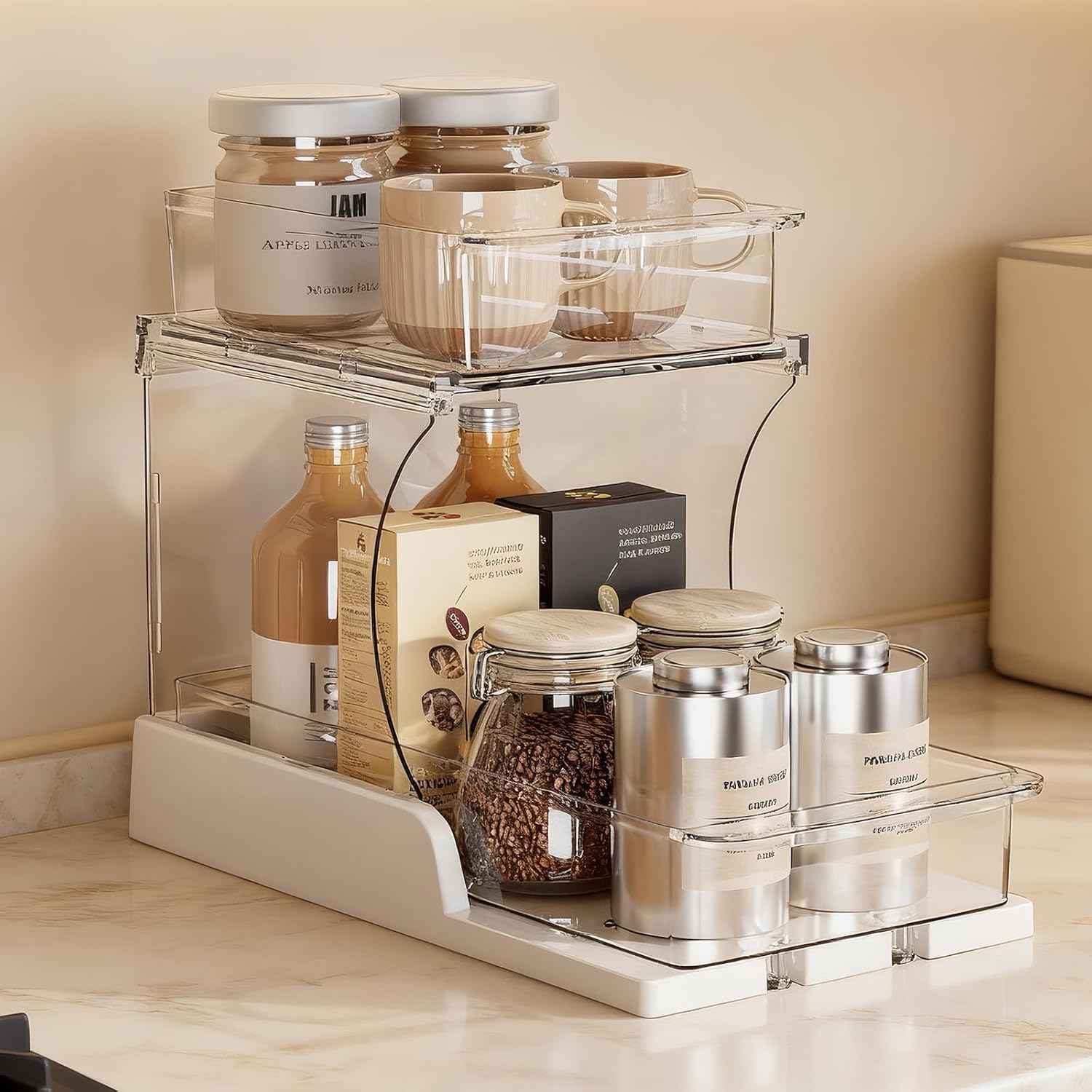 Jsyrjing Pull Out 2 Tier Organizer for Kitchen Bathroom and Cabinet Storage Rotating Pantry Rack Under Sink Organizer Clear and Durable Design 1 Pack