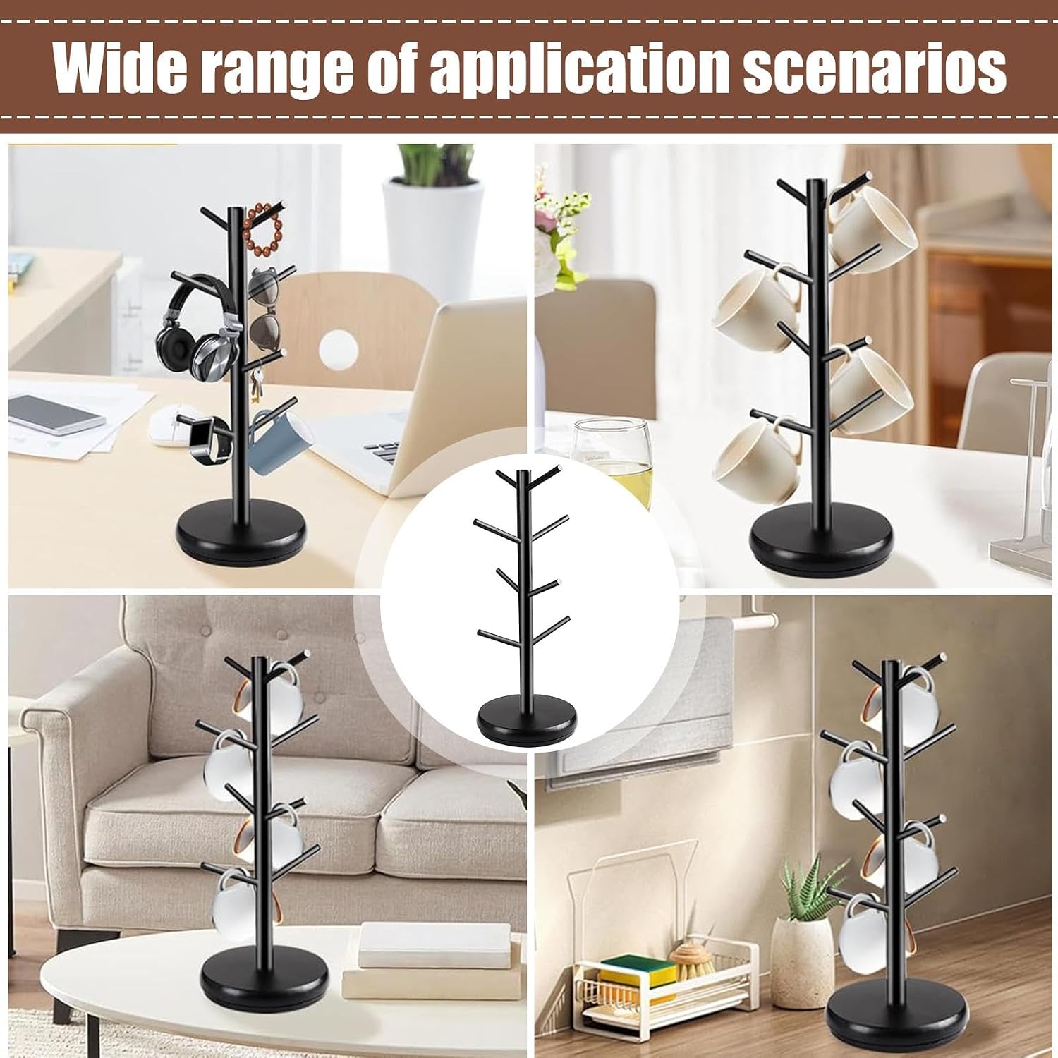 Mug Holder Stand - 360° Rotating Coffee Mug Storage Rack with 8 Hooks, Mug Display Rack | Multifunctional Coffee Cup Tree, Black Wooden Mug Organizer for Home, officee, & Cafe Counter Display