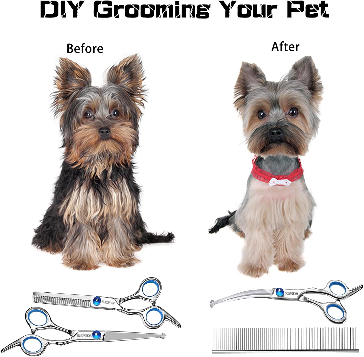 SCEDREAM Dog Grooming Scissors for Dogs with Safety Round Tips, 5 in 1 Dog Scissors for Grooming, Curved Dog Grooming Scissors,Professional Pet Grooming Shears Set for Dogs and Cats : Pet Supplies