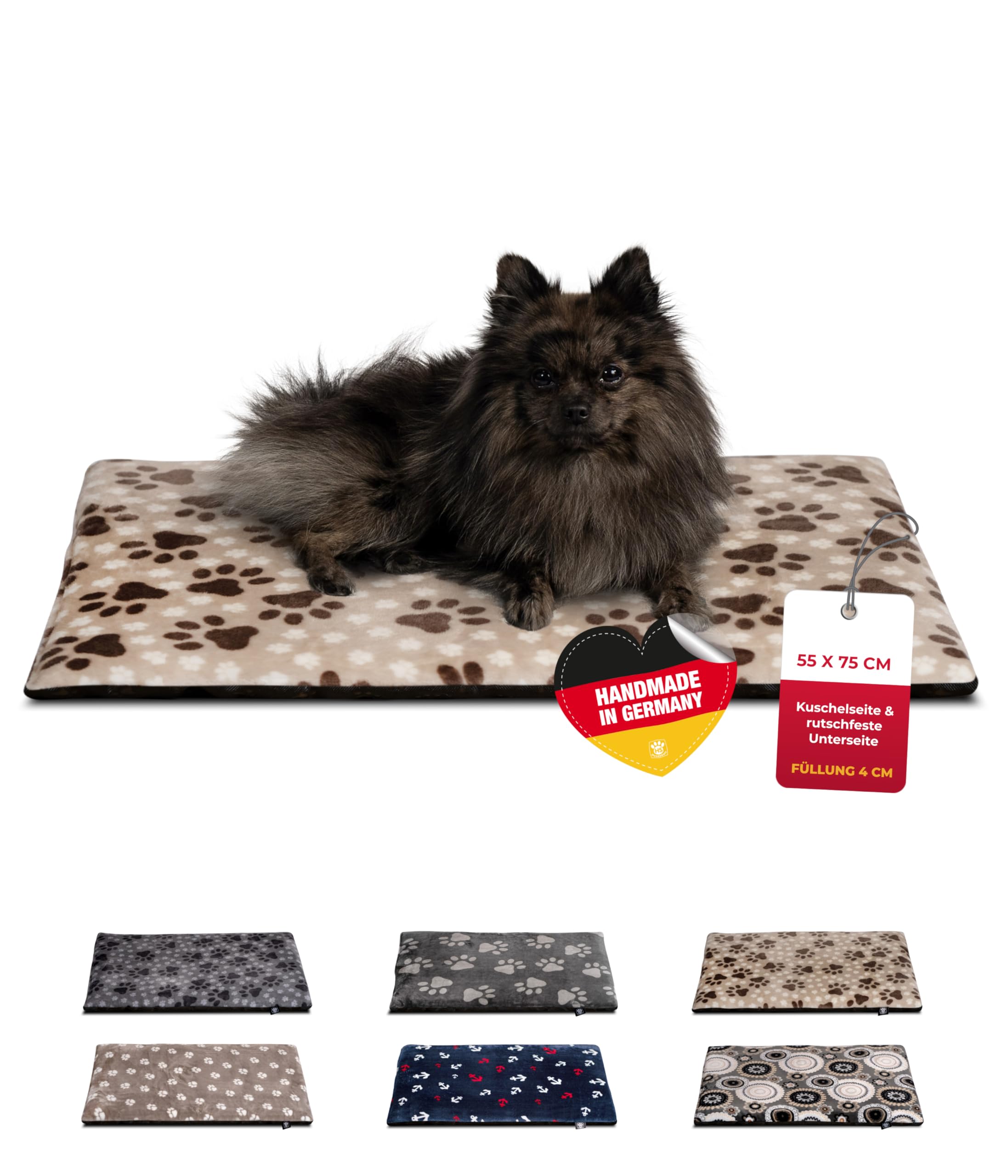 Hundedecke S (55x75 cm) – rutschfest & gemütlich Dank 3 cm Füllung – Perfekt fürs Sofa, Auto & Hundebox – Pfote Beige, Made in DE