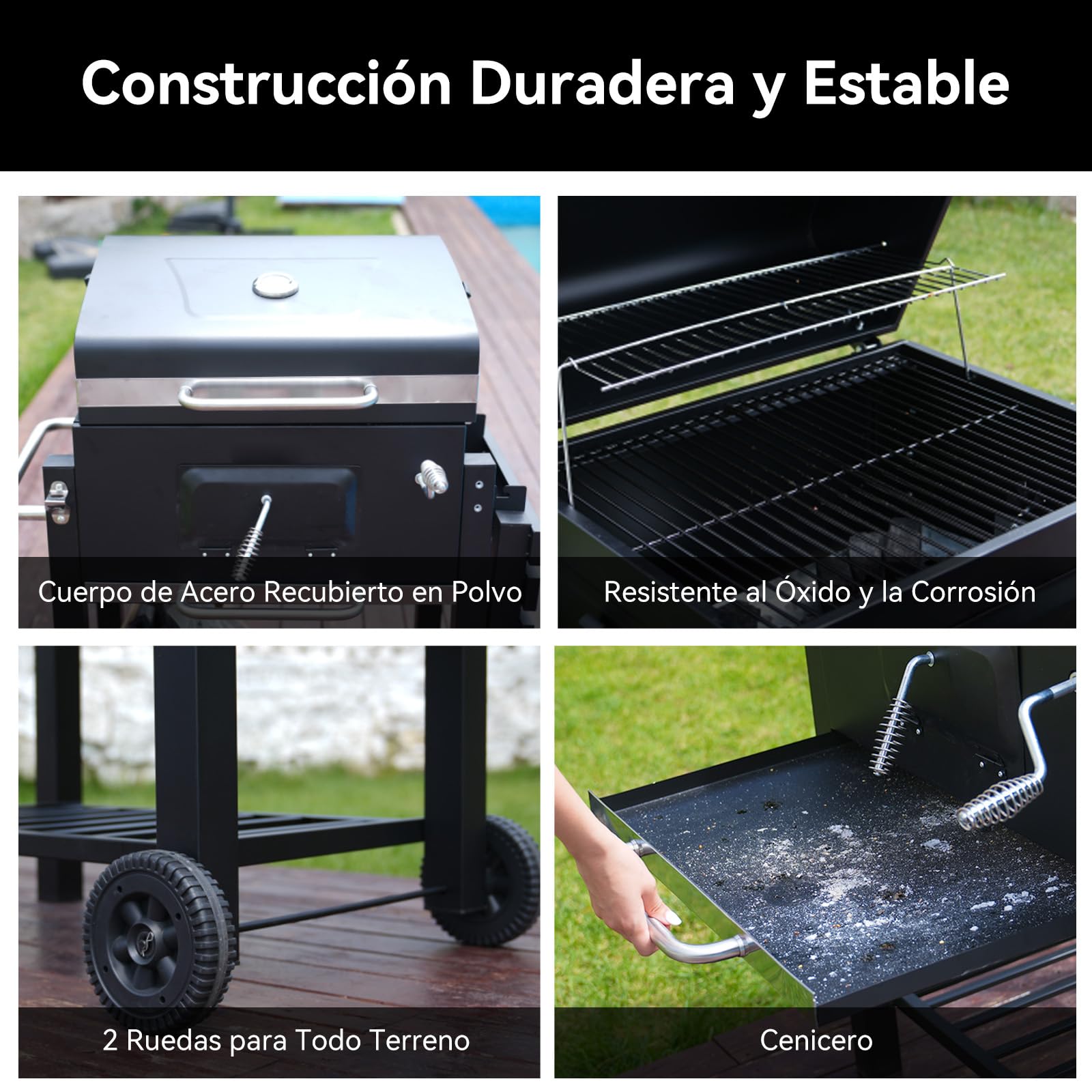 Barbacoa de Carbón, Parrilla con Tapa de Acero de 56×42,5 cm, Bandeja Ajustable en Altura, Mesa Lateral Plegable, Incluye Funda