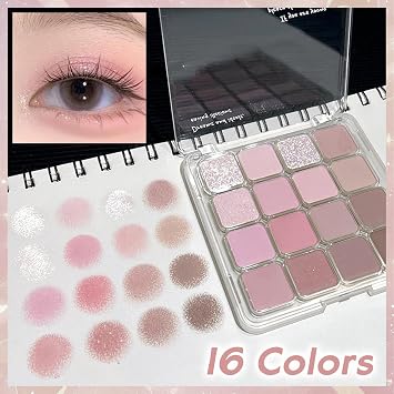 Pink eyeshadow, 16-shade matte and shimmer compact, long-lasting and blendable, creates a pink-brown smoky eye look. Hypoallergenic, suitable for sensitive eyes.