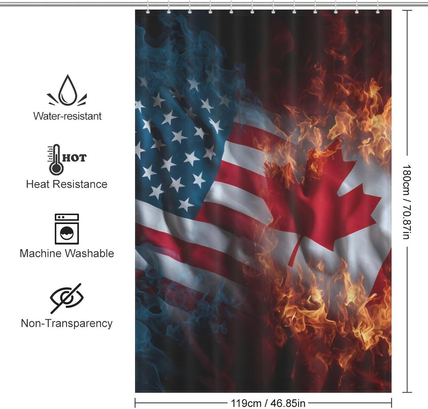 Canada US Fire Flag Shower Curtain 46.85x70.87Inch（119x180cm） Polyester Bath Curtain Shower Curtains Printed Decorative