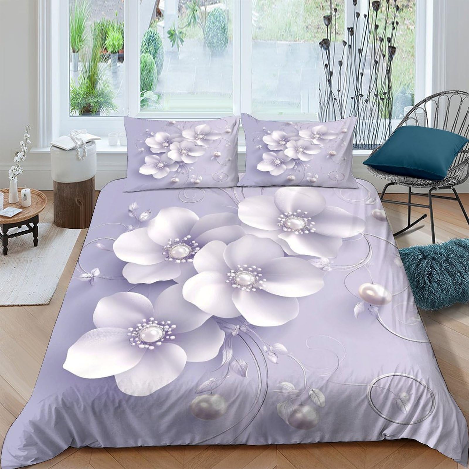 Ctjqhvkz Style-5 3D Printed Lavender Floral Fitted Sheet Microfiber Soft Bedroom Decor White Blossom Mattress Cover For Home Guest Room Single（135X200cm）