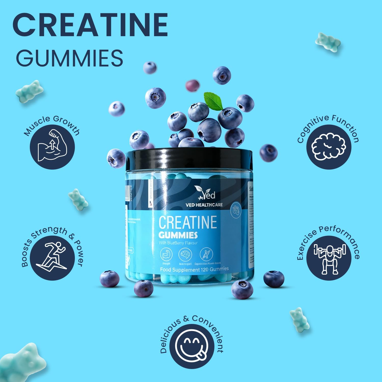 Ved Creatine Gummies 1000 mg – 120 Count, Max Strength Muscle Growth & Recovery Supplement for Men & Women, Vegan, Creatine Monohydrate with Vitamin C, Pre Workout Chewable, 2 Months Supply.