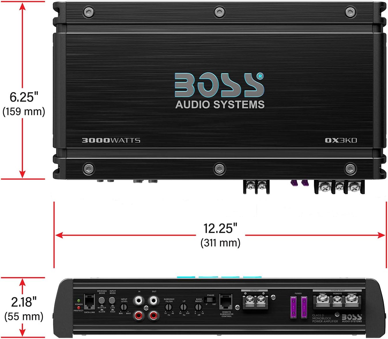 BOSS Audio OX3KD Onyx Model 3000 Watt High Output Monoblock Full Range Class D Amplifier with Variable Low Pass Crossover and Remote Control