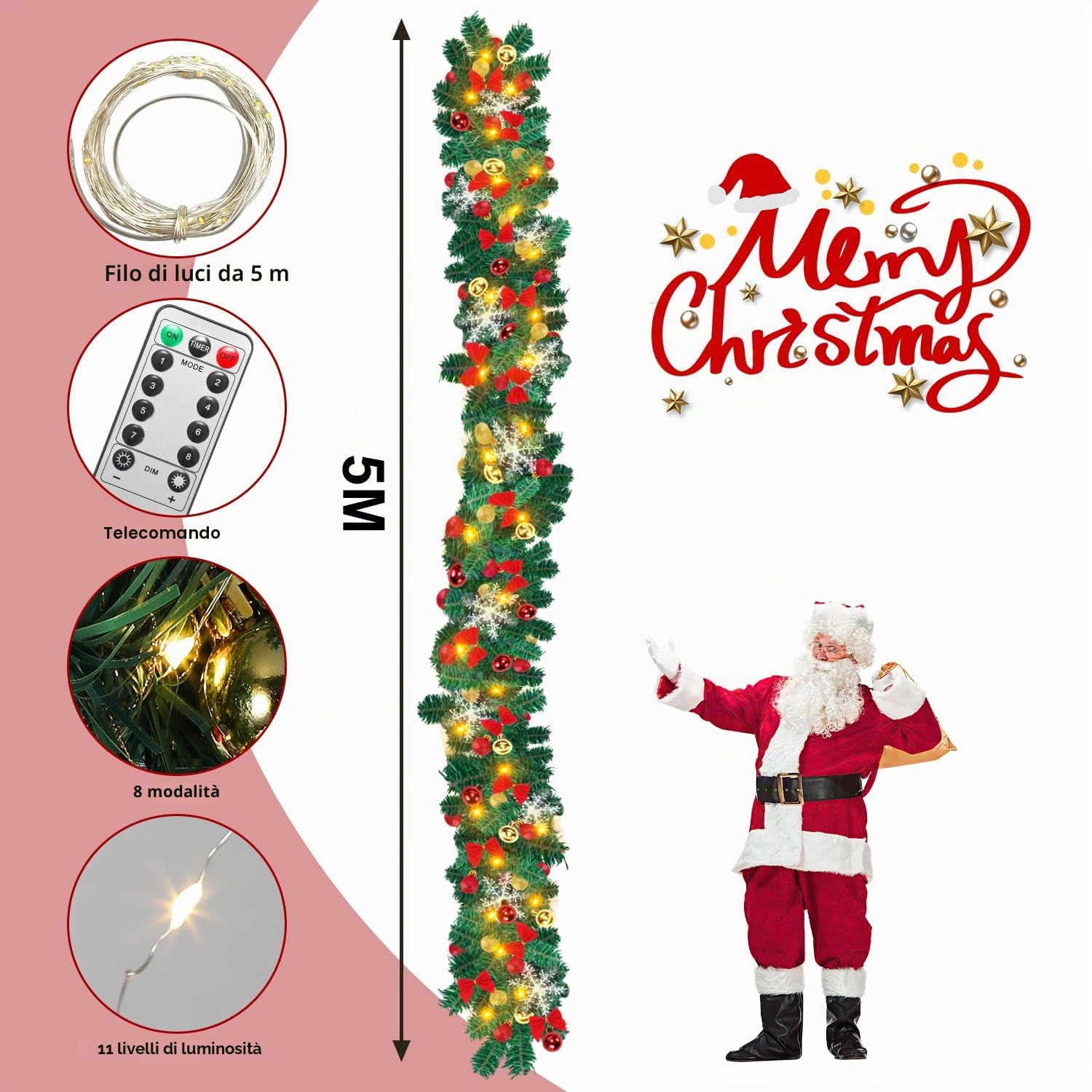 Ghirlanda natalizia 2 x 5 m con illuminazione, ghirlanda di abete artificiale con 100 LED, luce bianca calda, incl. decorazione e telecomando, luci USB 8 modalità, decorazioni natalizie per