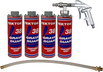Gravel Guard Grey Automotive Undercoating for Trucks, Cars, Buses, Trailers Sprayable Protection Against Rust, Corrosion, and Abrasion 4 cans + 1 spray gun + 1 wand