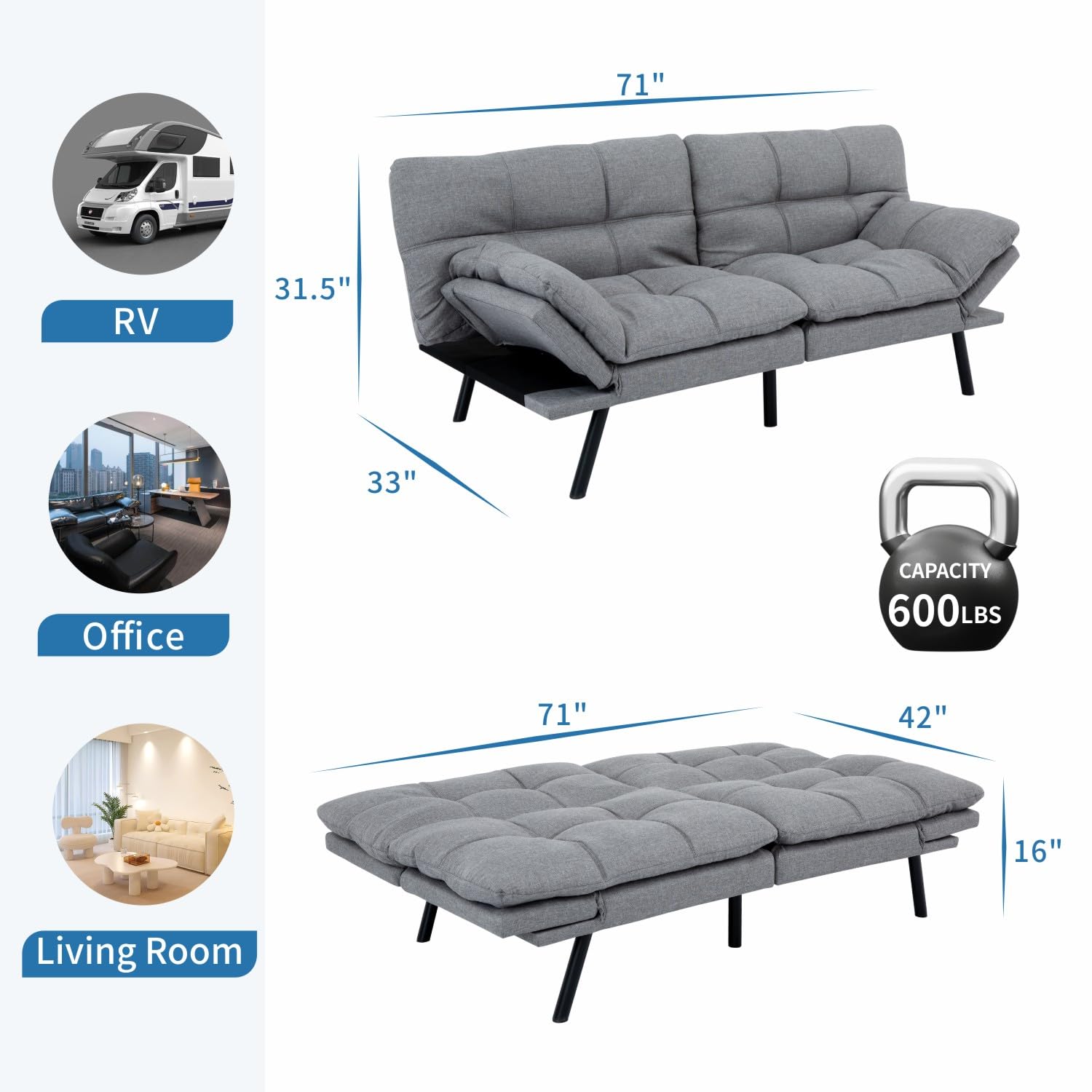 MUUEGM Futon Couch Convertible Memory Foam Sleeper Futon Sofa Bed ...