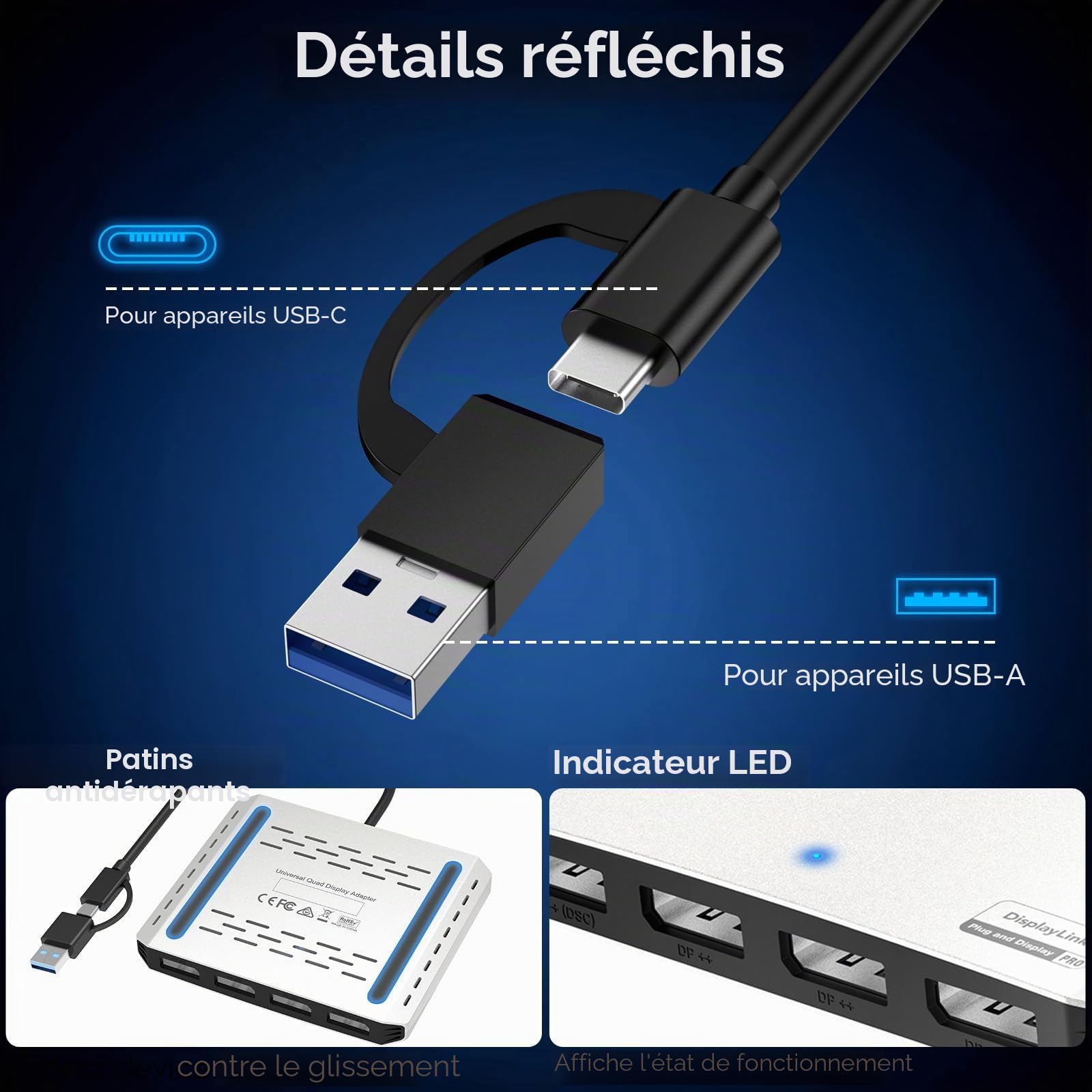 WAVLINK Répartiteur USB 3.0 USB C vers Quad Displayport pour Quatre écrans avec 85W PD, Adaptateur Displaylink 4 DP 4K @ 120 Hz pour Mac M1/M2/M3/M4 & Windows, Compatible avec Le Nouveau MacBook Neo