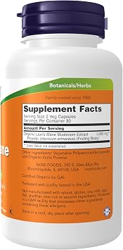 NOW Foods Supplements, Lion's Mane 500 mg, Super Mushroom, Made with Organic Lion's Mane Mushrooms, 60 Veg Capsules