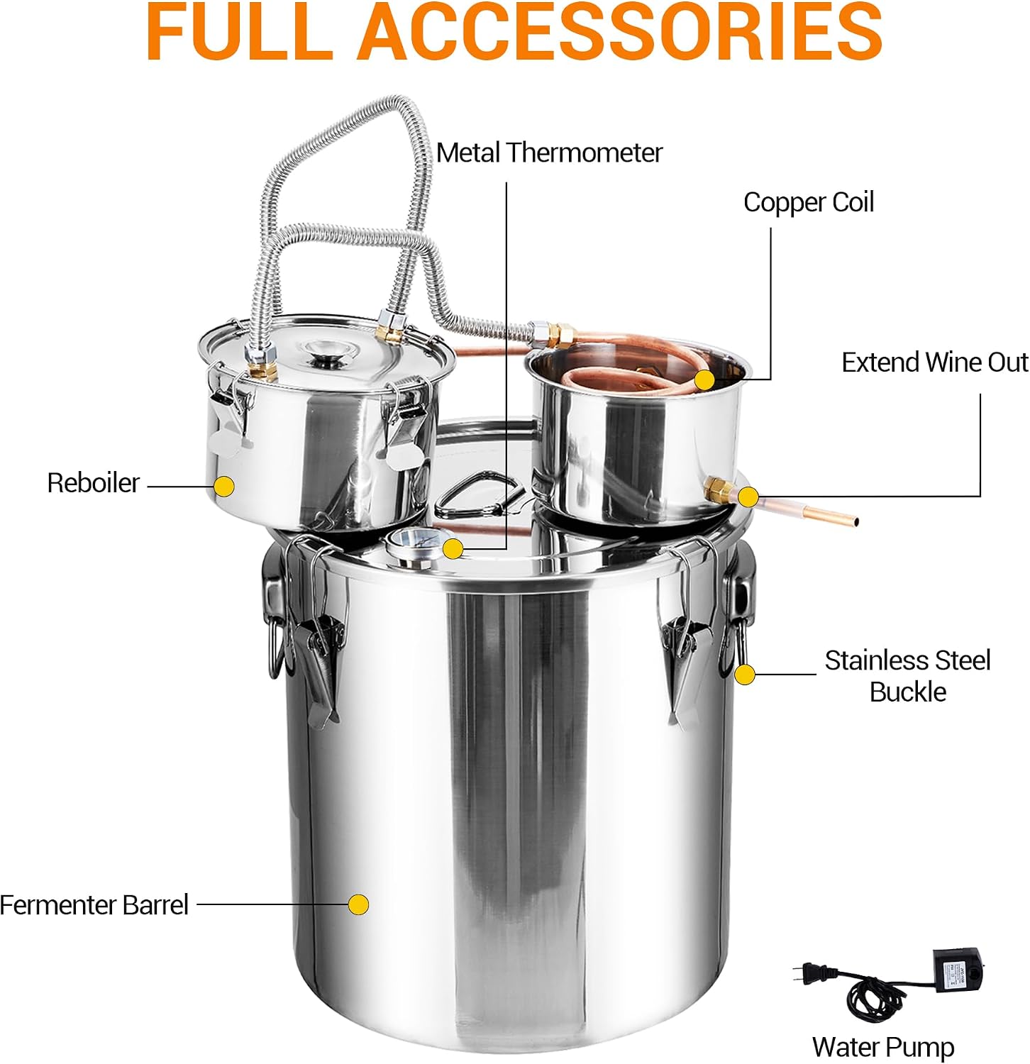 10 Gal Stainless Steel Alcohol Distiller Kit - Professional 2 Pots & Copper Tube for Home Brewing, Whiskey/Brandy Making, Includes Thermometer & Water Pump