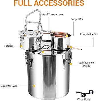10 Gal Stainless Steel Alcohol Distiller Kit - Professional 2 Pots & Copper Tube for Home Brewing, Whiskey/Brandy Making, Includes Thermometer & Water Pump