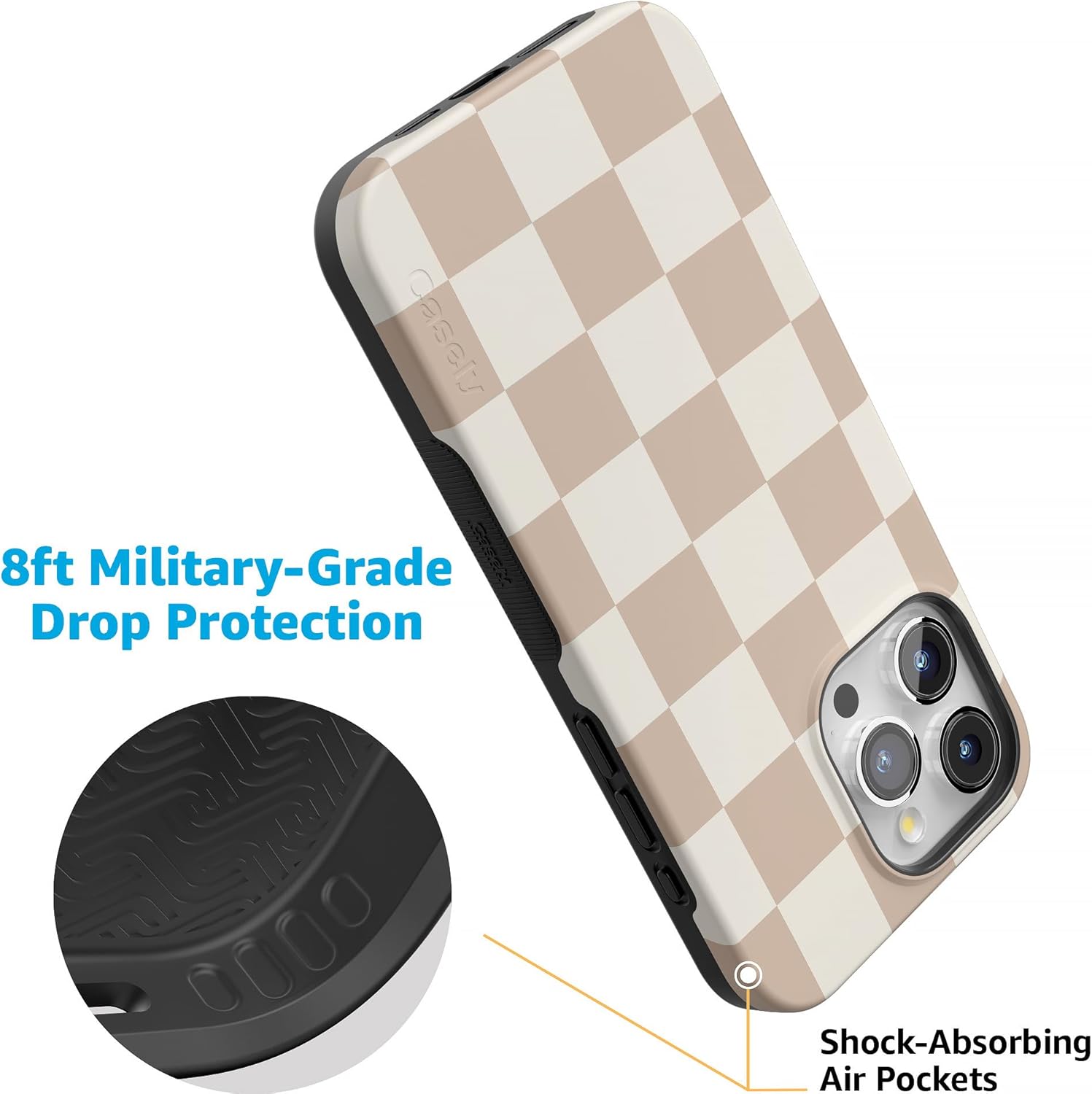 Casely iPhone 15 Pro Case | Fit Check | Neutral Checkerboard | Bold Protective Design | Compatible with MagSafe