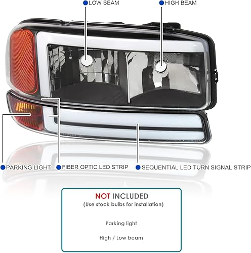Vista 12 de SPEC-D TUNING Faros delanteros de tubo LED cromados + luces de parachoques secuenciales compatibles con GMC Sierra 1500/2500/3500 1999-2006 Armazón