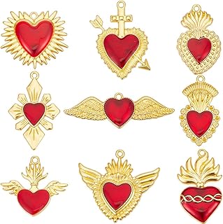 SUNNYCLUE 18Pcs 9 Styles Gold Sacred Heart Charms - Alloy Metal Enamel Red Mexico Western Gothic Wings for Jewelry Making Craft Necklace Bracelet Women Adult