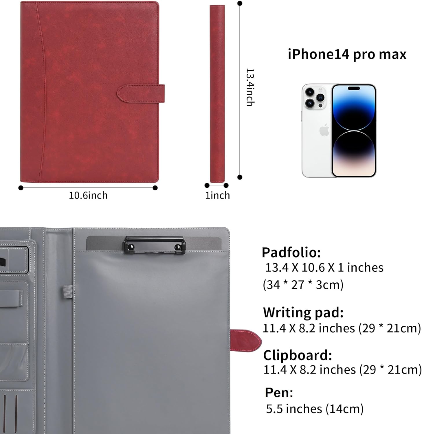 Wason Portfolio Padfolio A4 Leather PU Folder File Document Holder Case with Writing Pad Removable Clipboard Card Stationary Case Phone Tablet Stand for Organizer Office Travel School (Red Wine)