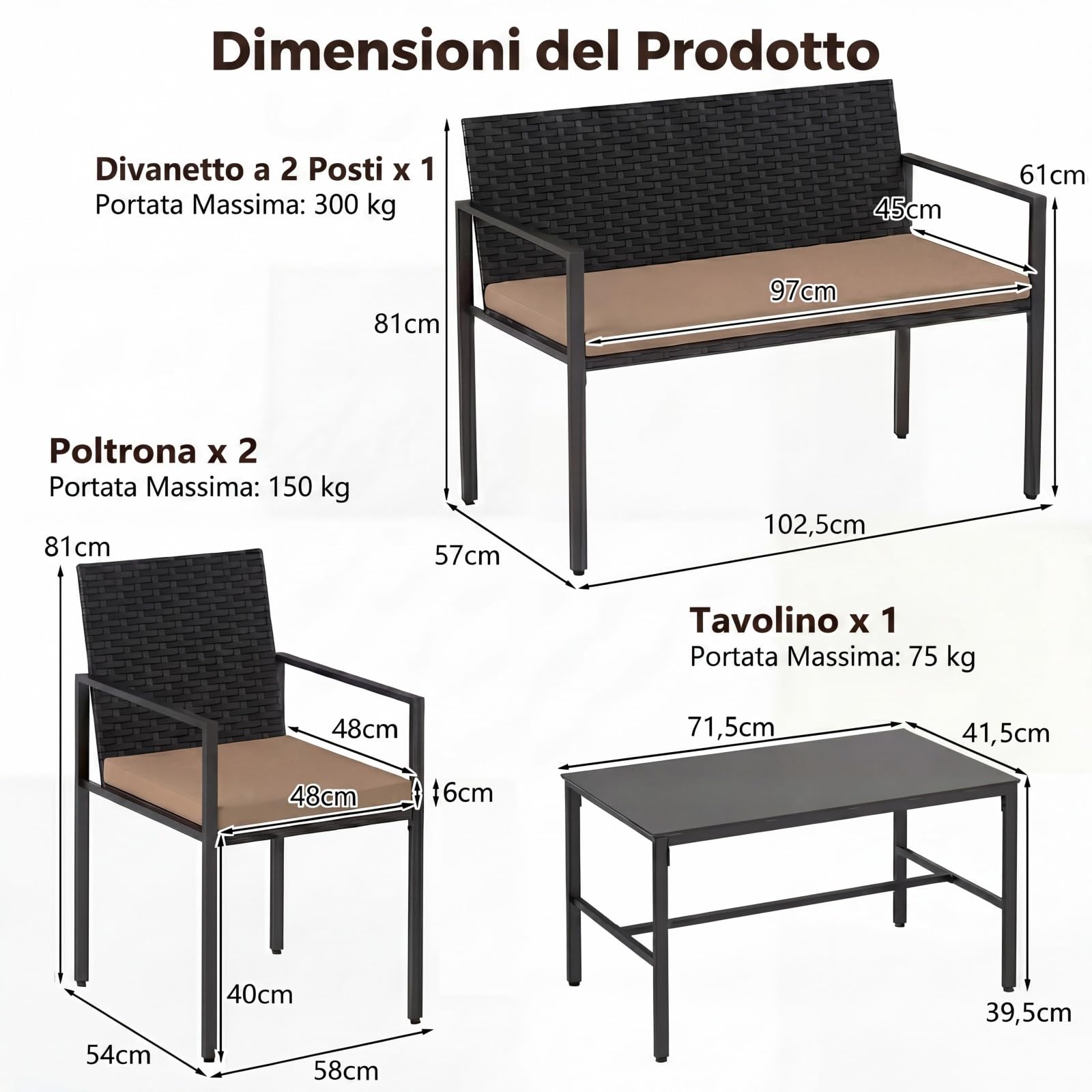 SOARS Set Salotto da Giardino in Rattan 4 Pezzi, Set Mobili da Eterno con 2 Poltrone, Divano a 2 Posti, Tavolino con Piano in Vetro Temperato e Comodi Cuscini per Cortile, Bordo Piscina (Marrone)
