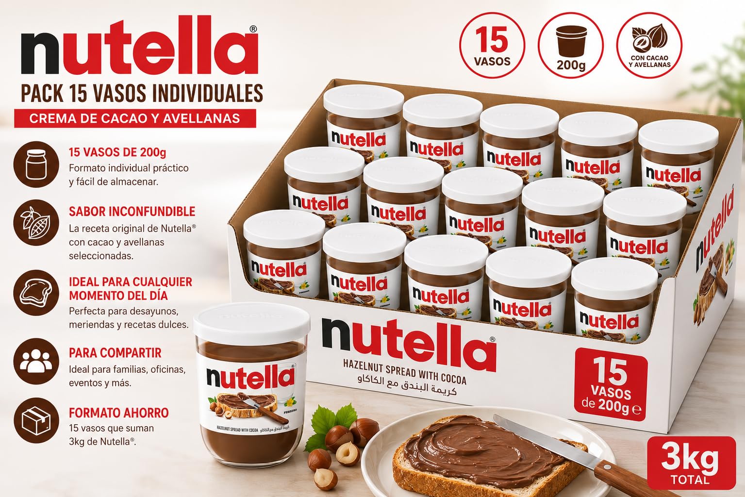 Nutella Vasos 200g – Pack de 15 Vasos Individuales | Crema de Cacao y Avellanas Ferrero | Untable para Desayunos, Postres y Snacks | Formato Ahorro 3kg Total