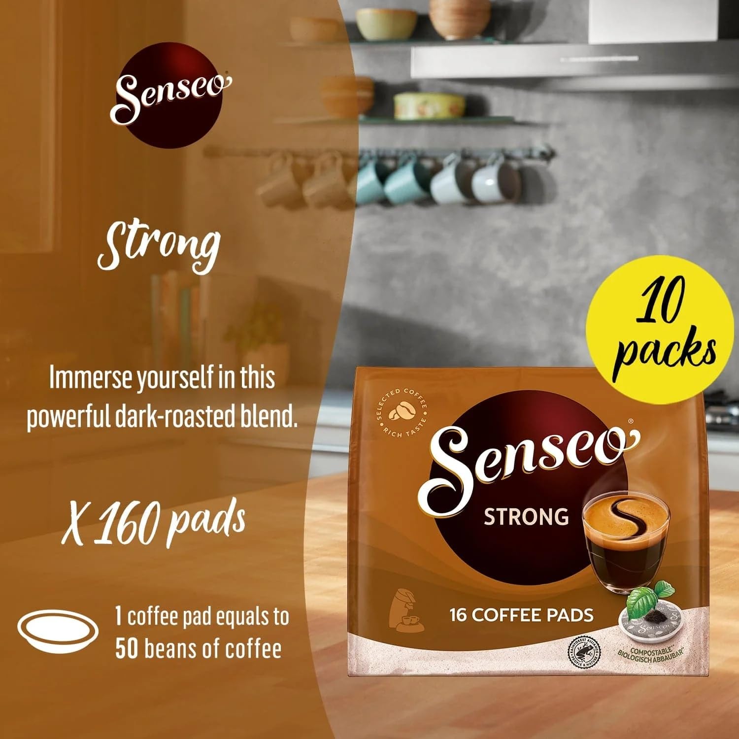 Senseo Dark Roast Coffee Pods for Coffee Makers, Strong, 160 Count (Pack of 10)