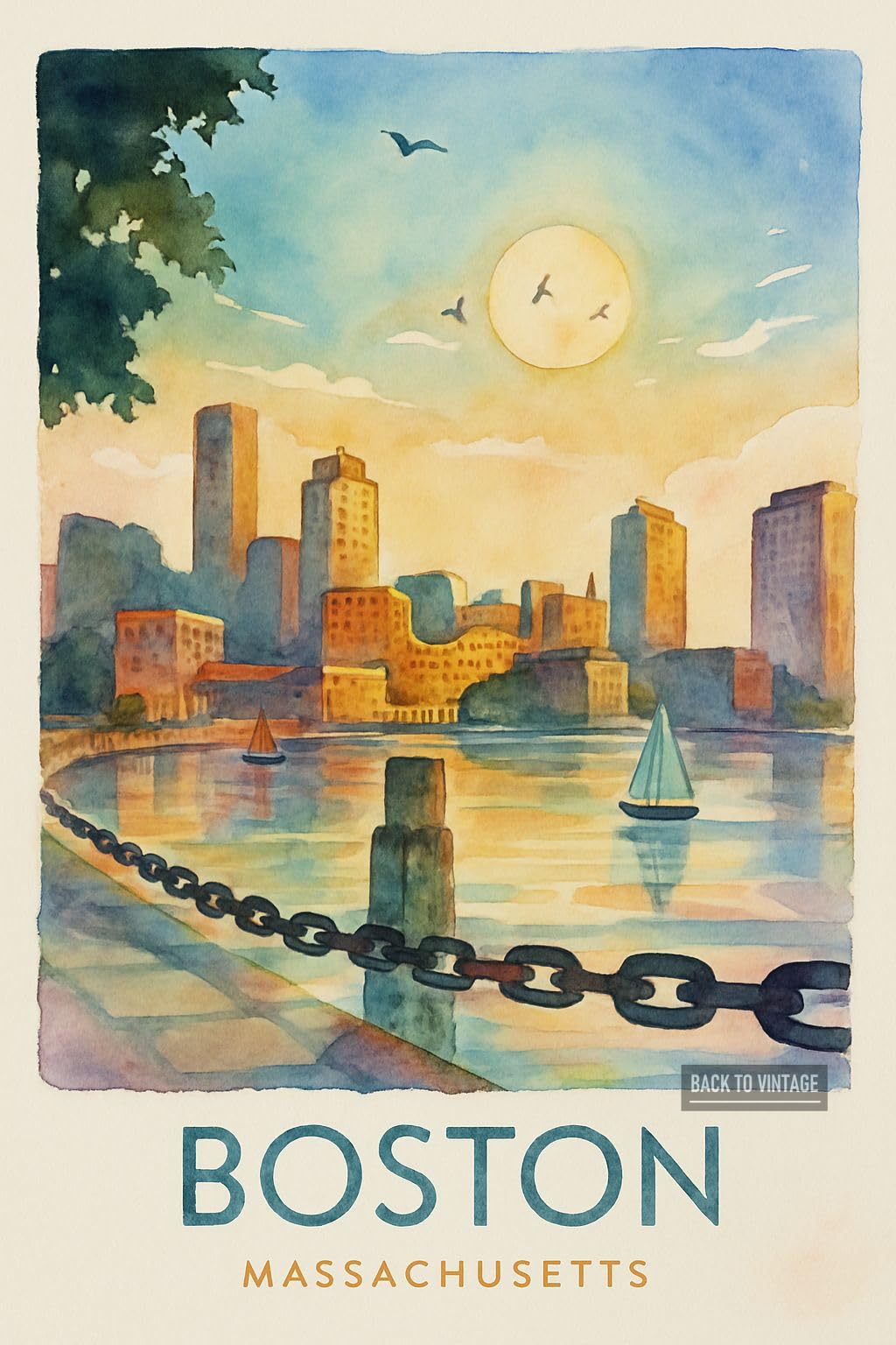 BACK TO VINTAGE Boston At Sunrise Or Sunset - A4 Travel City Poster Wall Art Home Decor Art Print Featuring Iconic Landmarks and Global Destinations for Interiors Inspired by Culture and Exploration